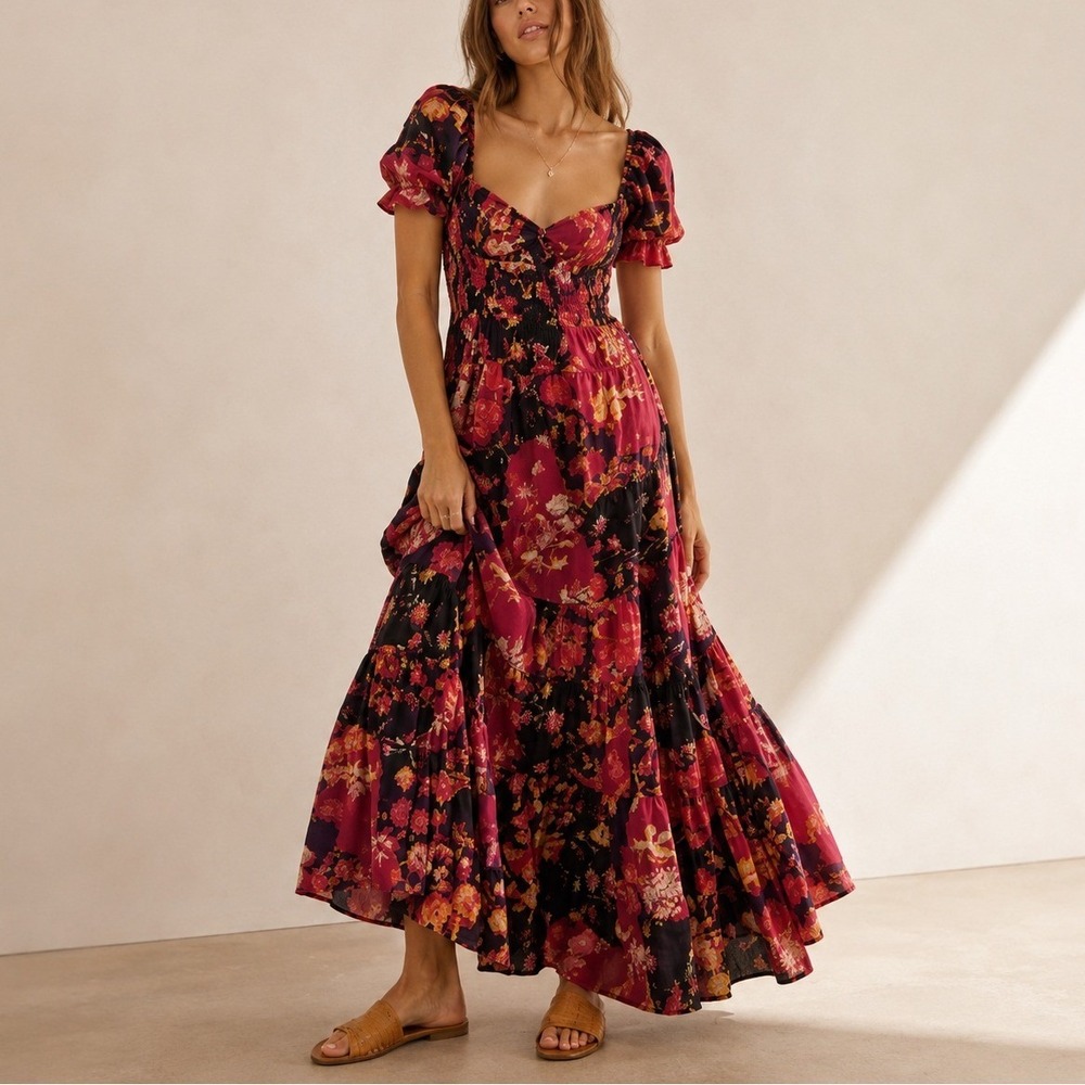 Free People Sundrenched Maxi Dress L Dark Red Combo Floral Smocked Puff Sleeve